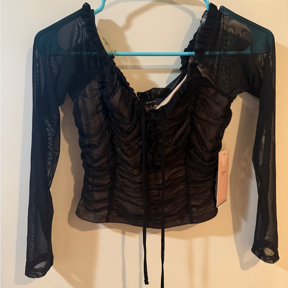 Elegant Black Ruched Sheer Crop Top